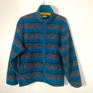 LL Bean Vintage Jacket Mens Blue Purple Aztec Fleece Full Zip Outdoors 90s L